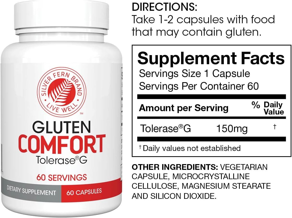 Digestive Enzyme for Gluten Protein Breakdown - 2 Bottles of Silver Fern Gluten Comfort with Tolerase G - 60 Capsules Each