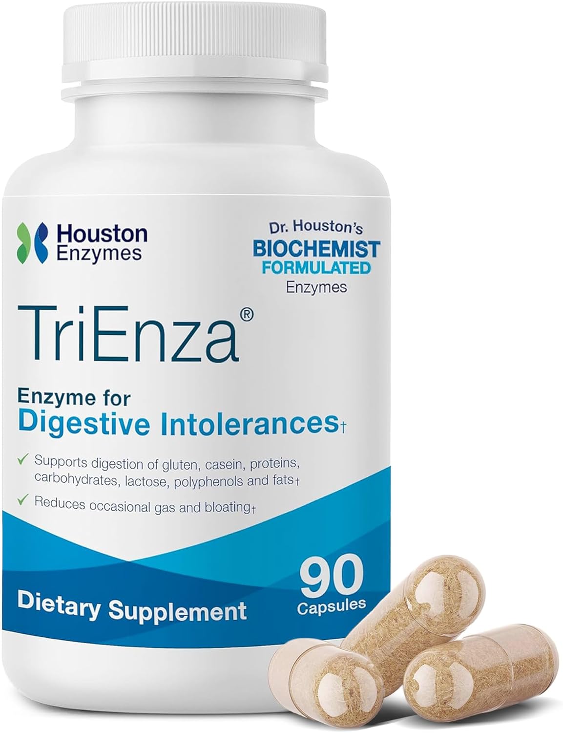 Digestive Enzyme Supplement for Gluten, Casein, Soy, Proteins, Carbs, Fats & Polyphenols - Houston Enzymes TriEnza - 90 Capsules for Women & Men