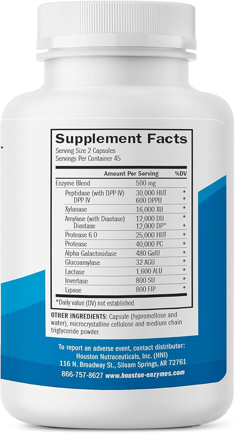 Digestive Enzyme Supplement for Gluten, Casein, Soy, Proteins, Carbs, Fats & Polyphenols - Houston Enzymes TriEnza - 90 Capsules for Women & Men