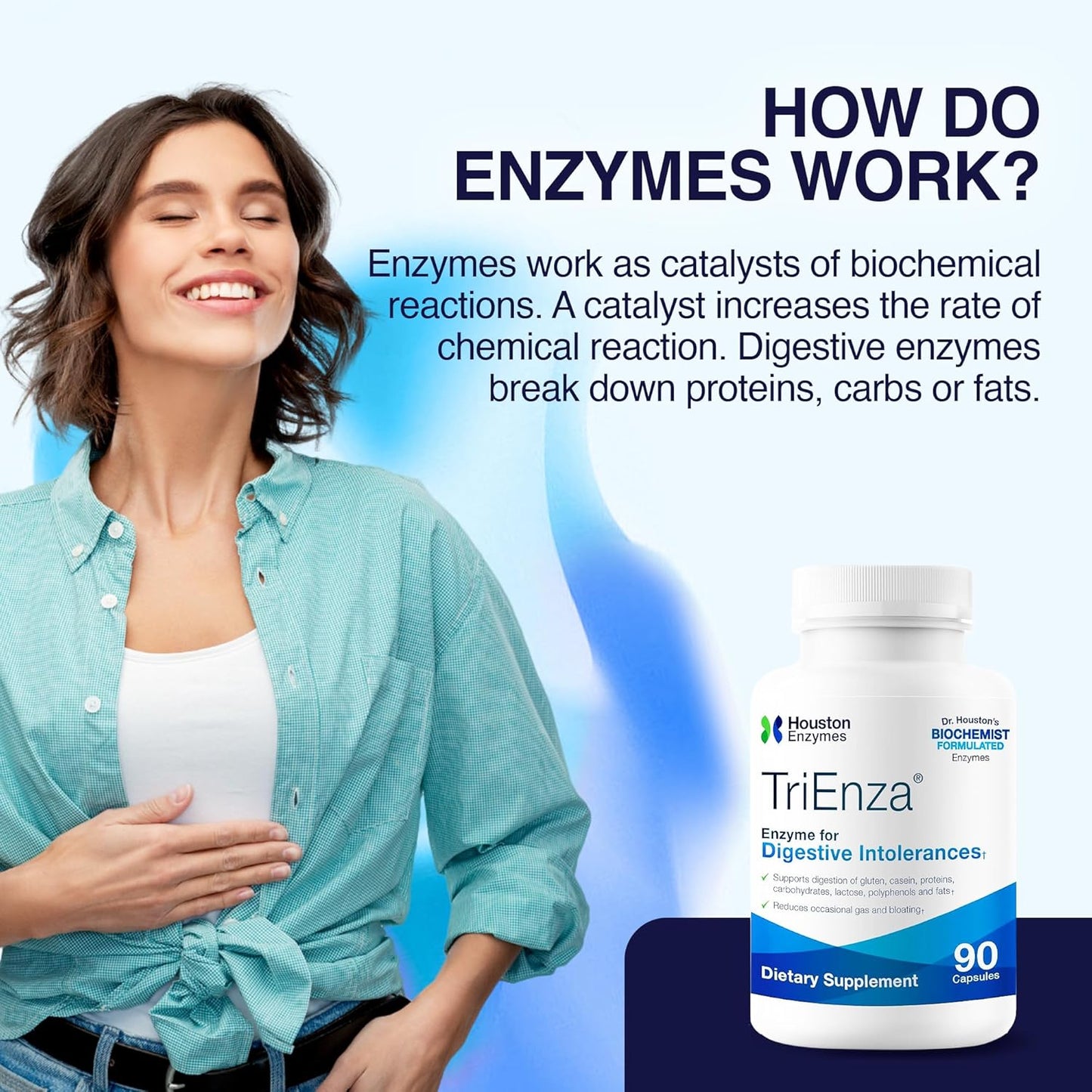 Digestive Enzyme Supplement for Gluten, Casein, Soy, Proteins, Carbs, Fats & Polyphenols - Houston Enzymes TriEnza - 90 Capsules for Women & Men