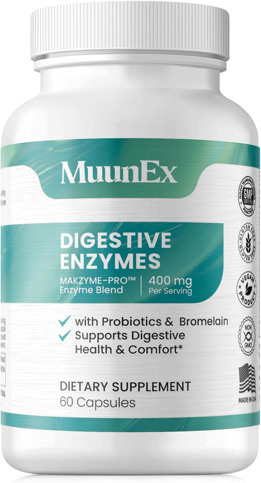 Digestive Enzymes with Probiotics for Meal Time Discomfort Relief - Vegan Formula with Bromelain, Papaya, Probiotic, Lactase - 60 Ct