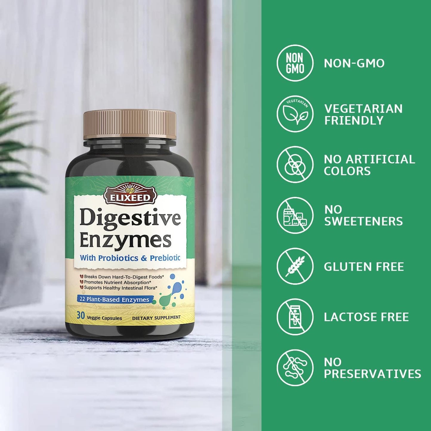 Digestive Enzymes with Probiotics & Prebiotics - Maximum Strength, 30 Capsules, Vegan & Non-GMO - Elixeed