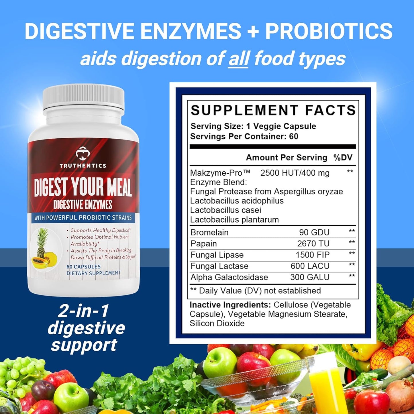 Digestive Enzymes with Probiotics, Prebiotics, and Bromelain - Vegan Aid for Digestion, Bloating, & Gas Relief - 60 Capsules