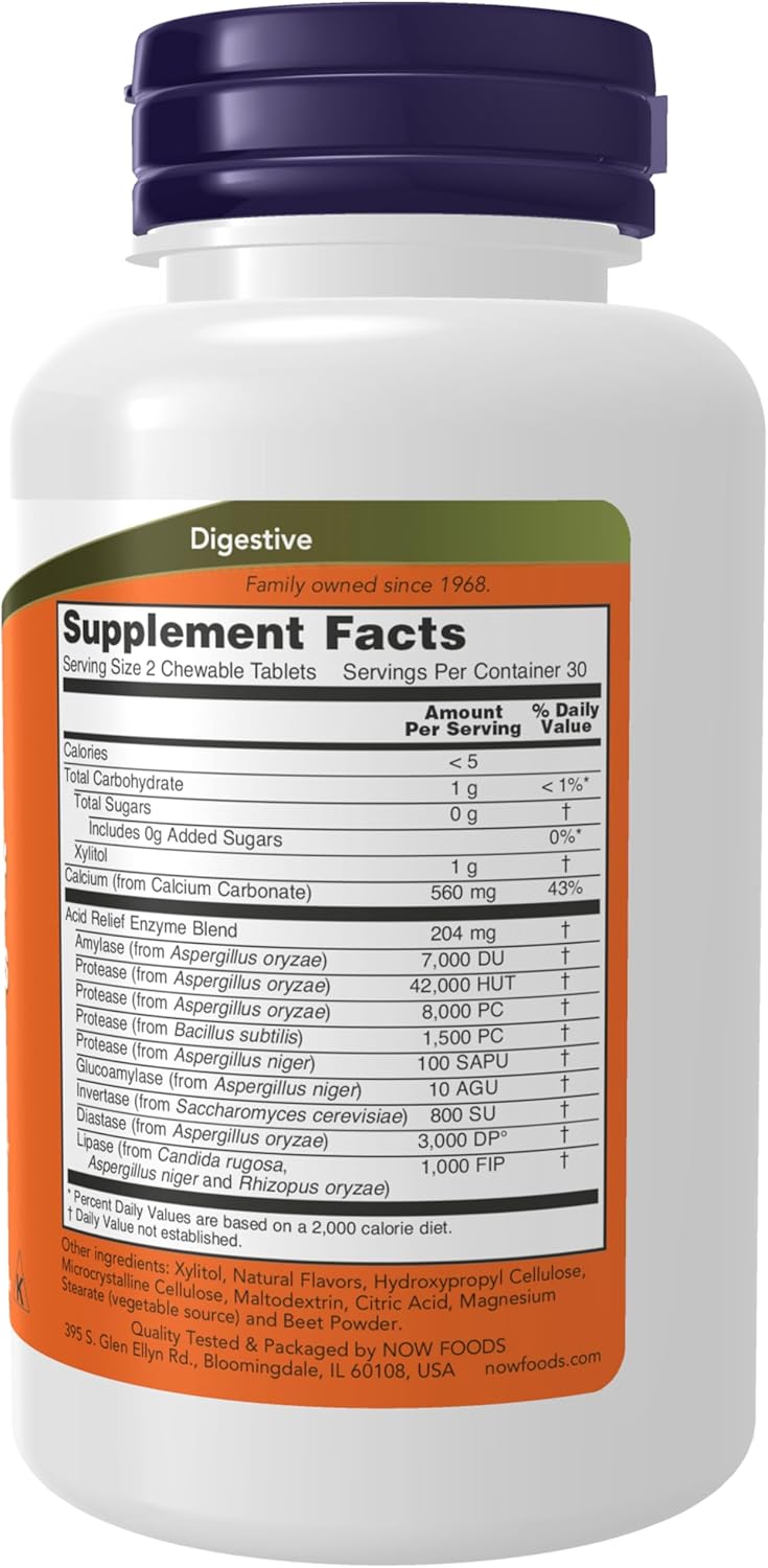 Digestive Health Acid Relief Supplements with Enzymes and Xylitol, 60 Chewables by NOW Foods