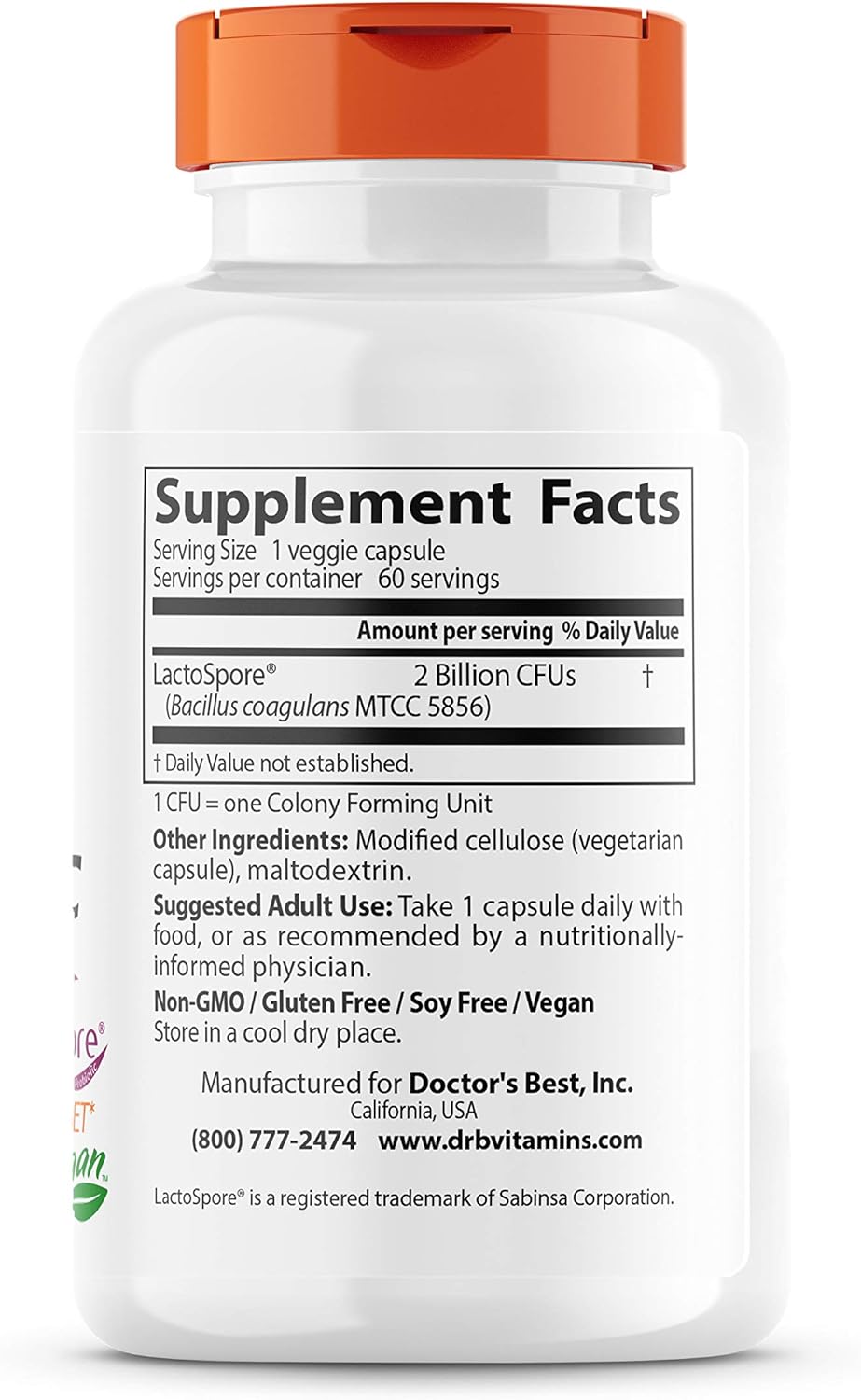 Digestive Health Probiotic with Lactospore - Vegan, Non-GMO, Soy & Gluten Free - 60 Veggie Capsules by Doctor's Best