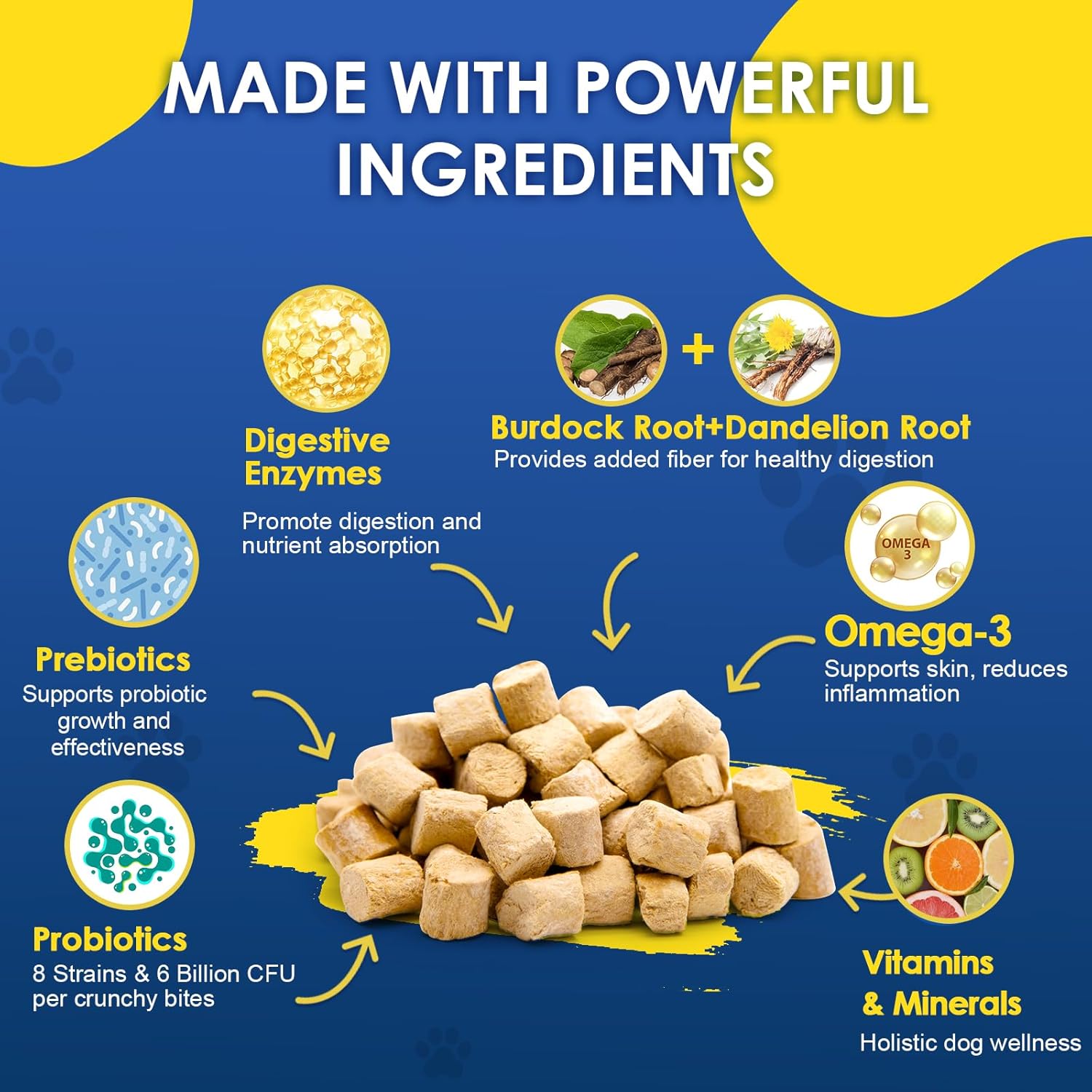 Digestive Health Probiotics for Dogs with Prebiotics, Enzymes, Fiber, Omega-3, and Vitamins - 120 Bites to Support Immunity and Skin Health