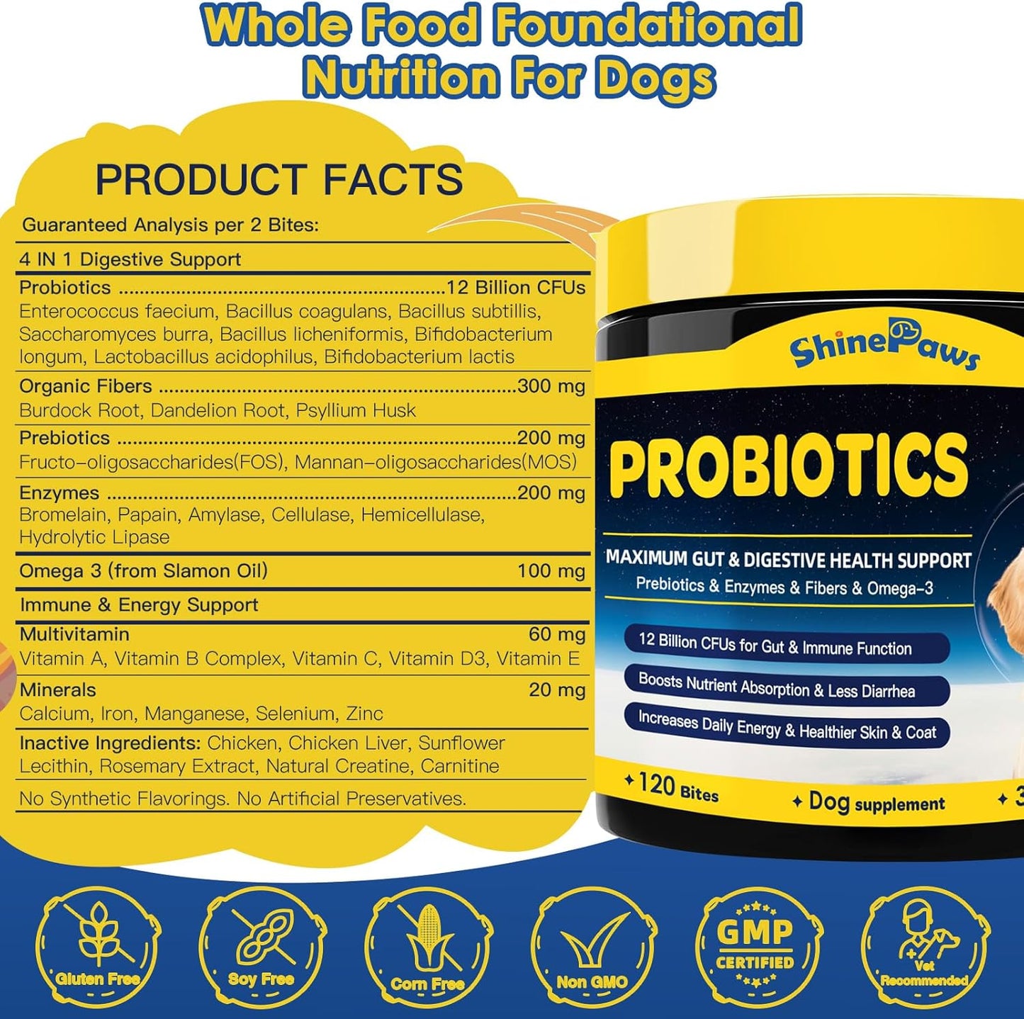 Digestive Health Probiotics for Dogs with Prebiotics, Enzymes, Fiber, Omega-3, and Vitamins - 120 Bites to Support Immunity and Skin Health