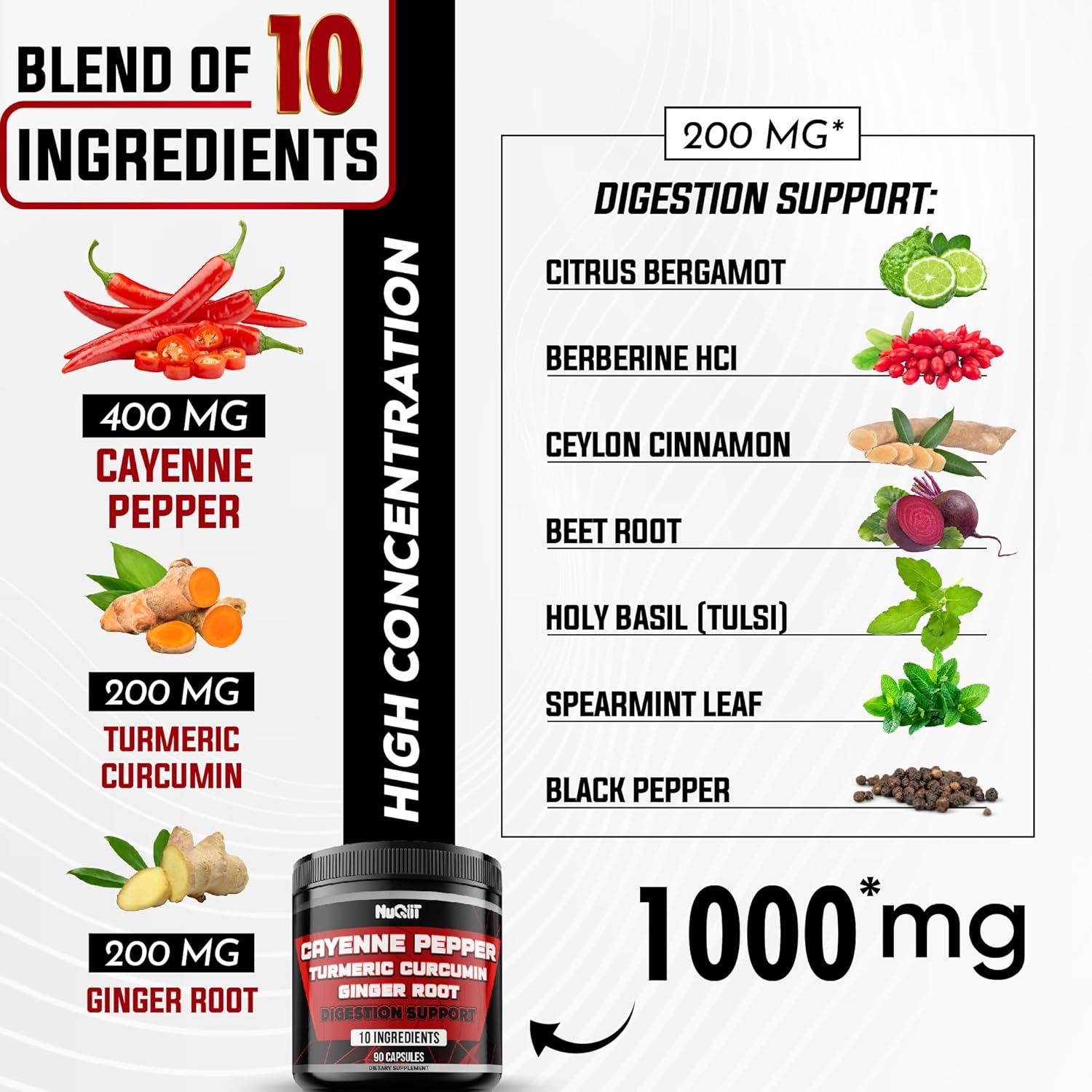 Digestive Health Supplement with Cayenne Pepper Extract 10:1, Turmeric, Ginger, Citrus Bergamot - 90 Capsules for Immune, Heart, and Joint Health