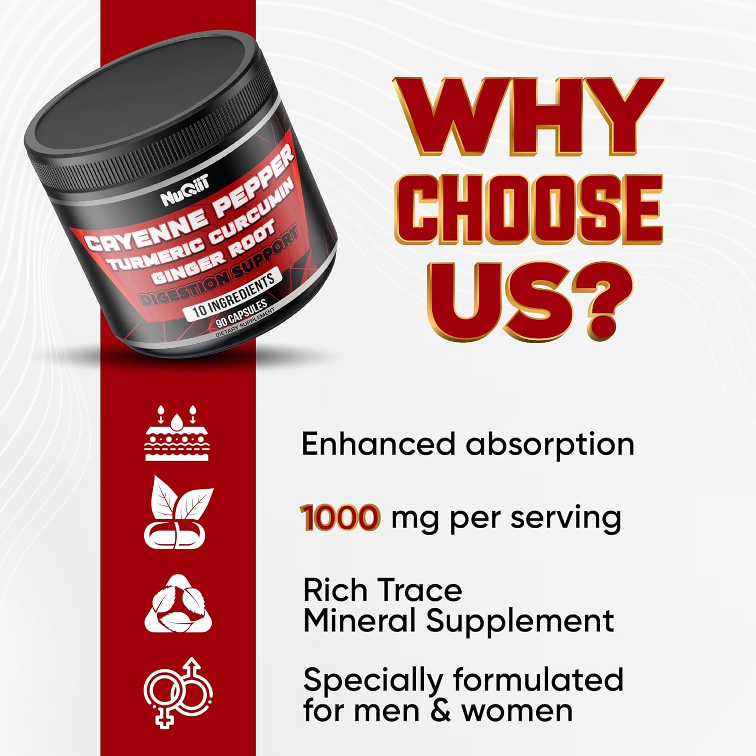 Digestive Health Supplement with Cayenne Pepper Extract 10:1, Turmeric, Ginger, Citrus Bergamot - 90 Capsules for Immune, Heart, and Joint Health