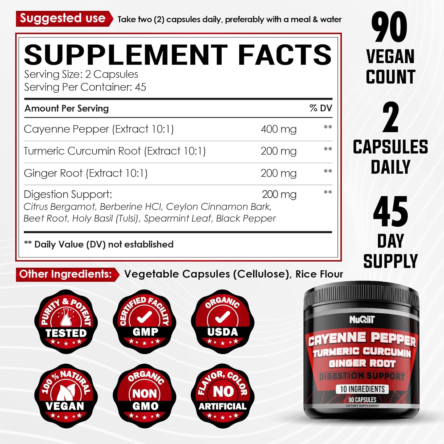 Digestive Health Supplement with Cayenne Pepper Extract 10:1, Turmeric, Ginger, Citrus Bergamot - 90 Capsules for Immune, Heart, and Joint Health