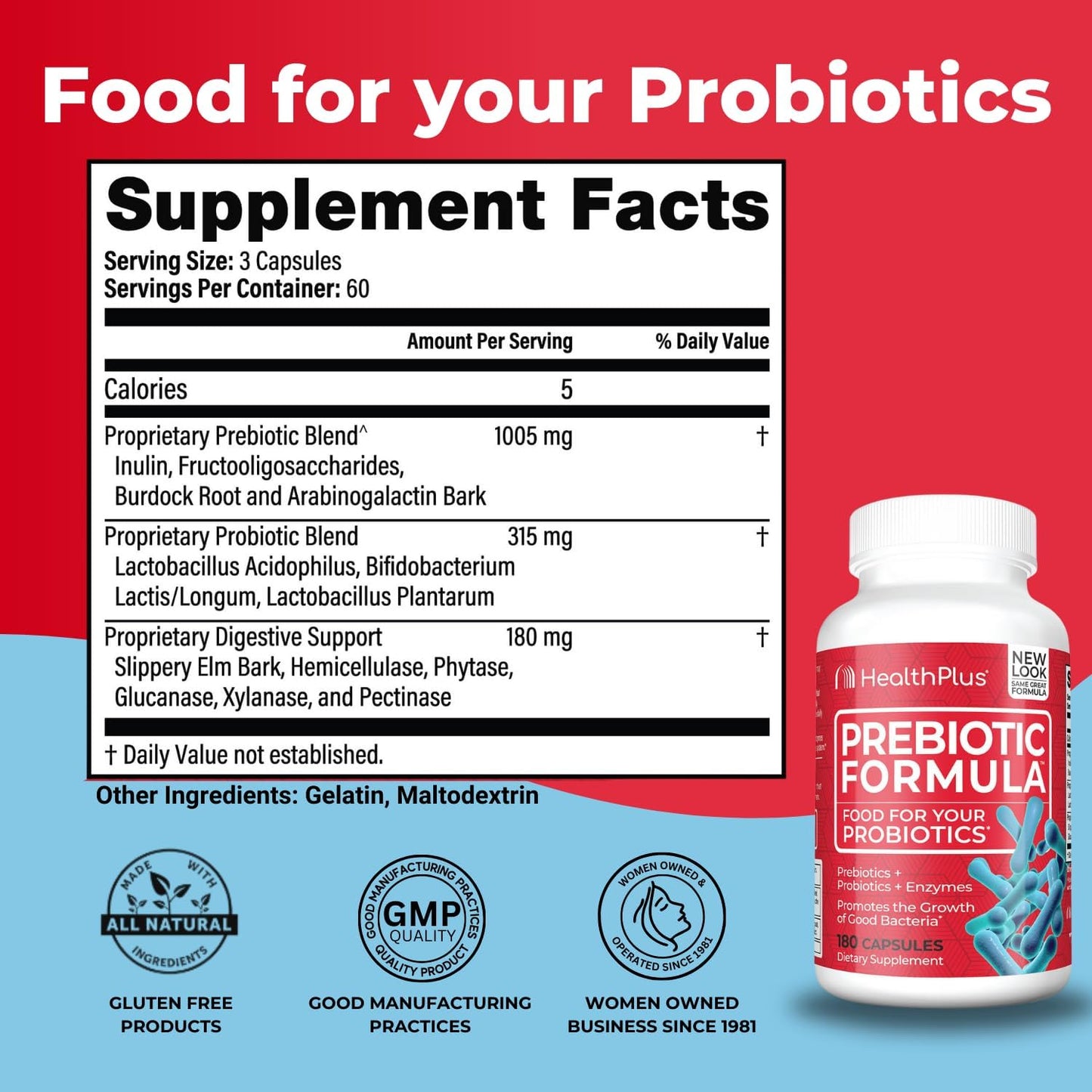 Digestive Health Supplement with Prebiotics, Probiotics, and Enzymes - Gluten-Free, Dairy-Free - 180 Capsules, 60 Servings