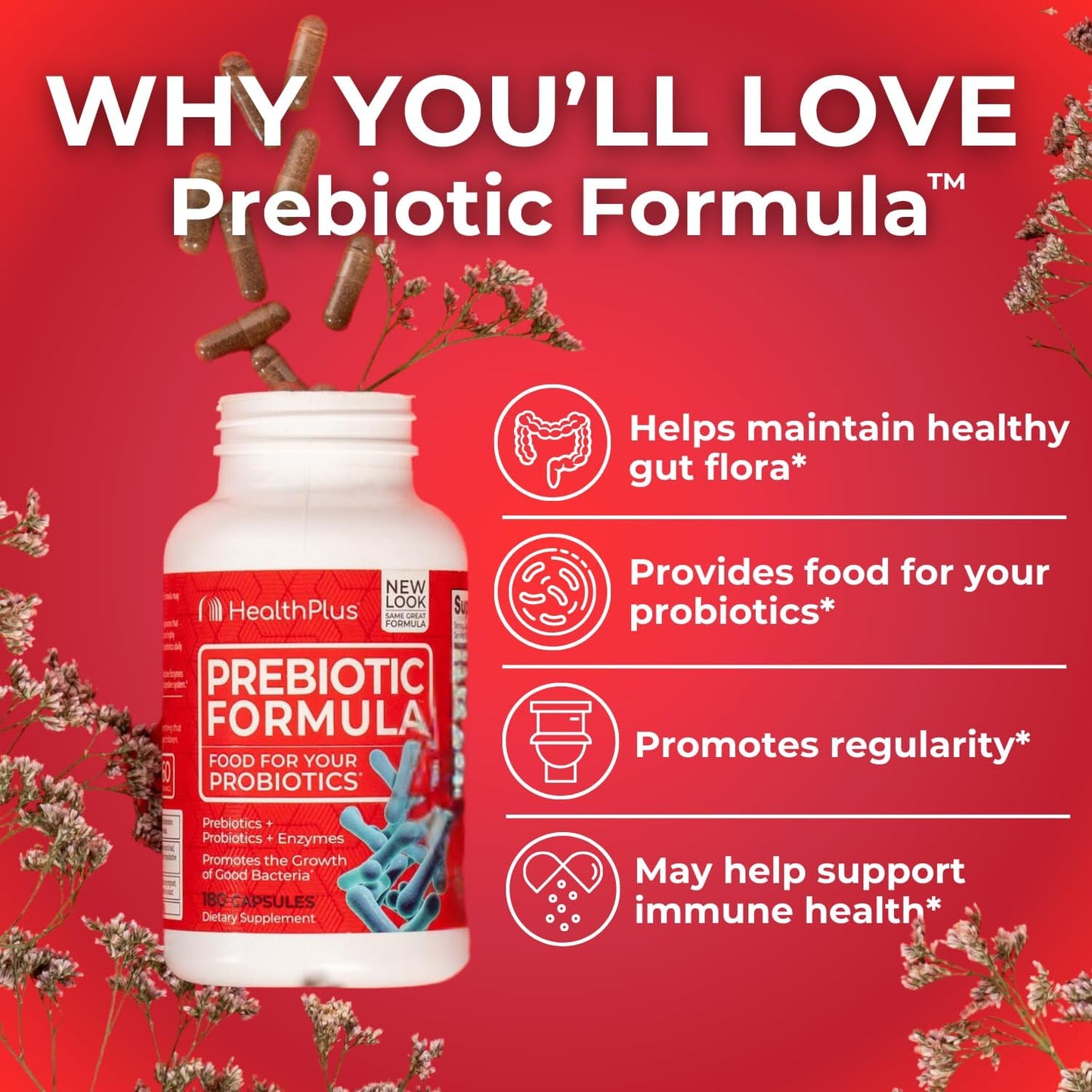 Digestive Health Supplement with Prebiotics, Probiotics, and Enzymes - Gluten-Free, Dairy-Free - 180 Capsules, 60 Servings