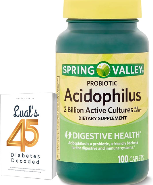 Digestive Health Support Bundle: Spring Valley Acidophilus Probiotic Capsules for Women & Men + Lual's 45 Diabetes Decoded