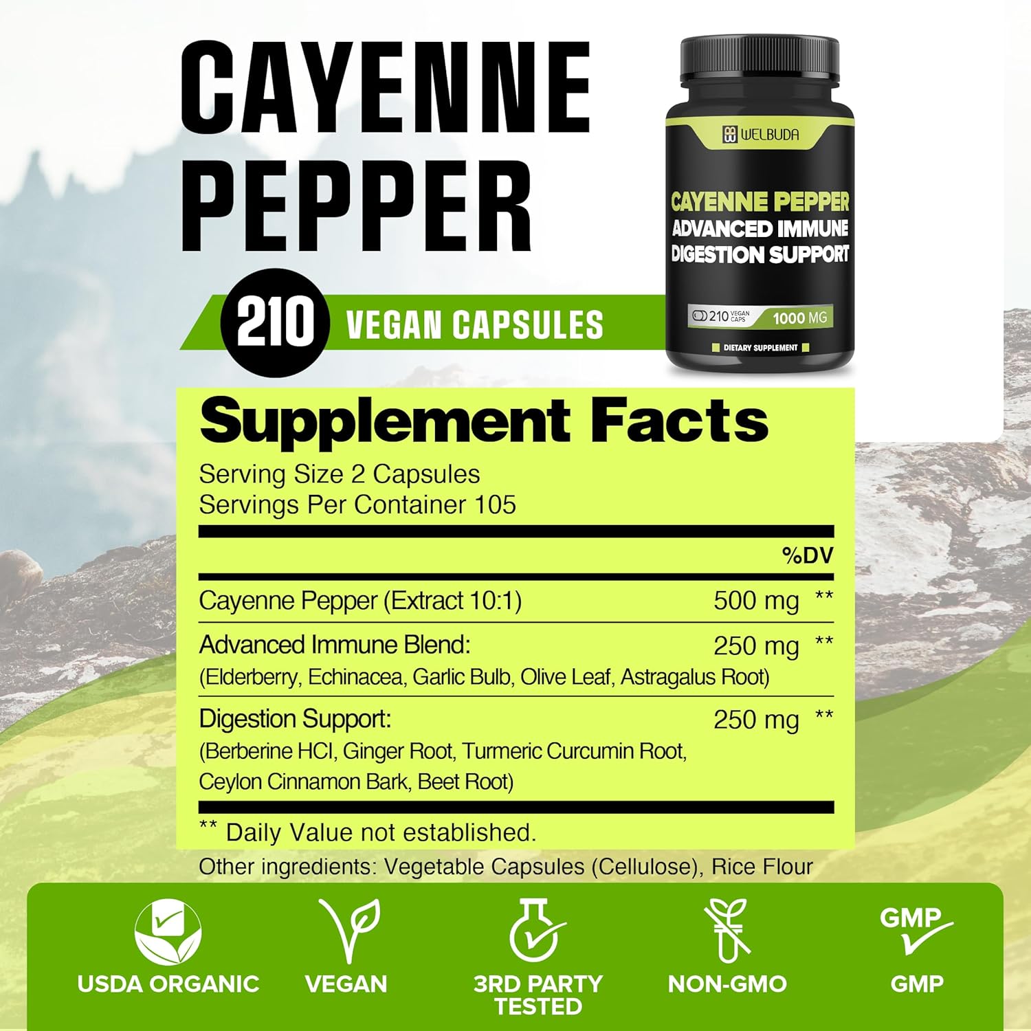 Digestive & Heart Health Support with Cayenne Pepper Extract Capsules - Berberine HCI, Garlic, Olive Leaf - 210 Count