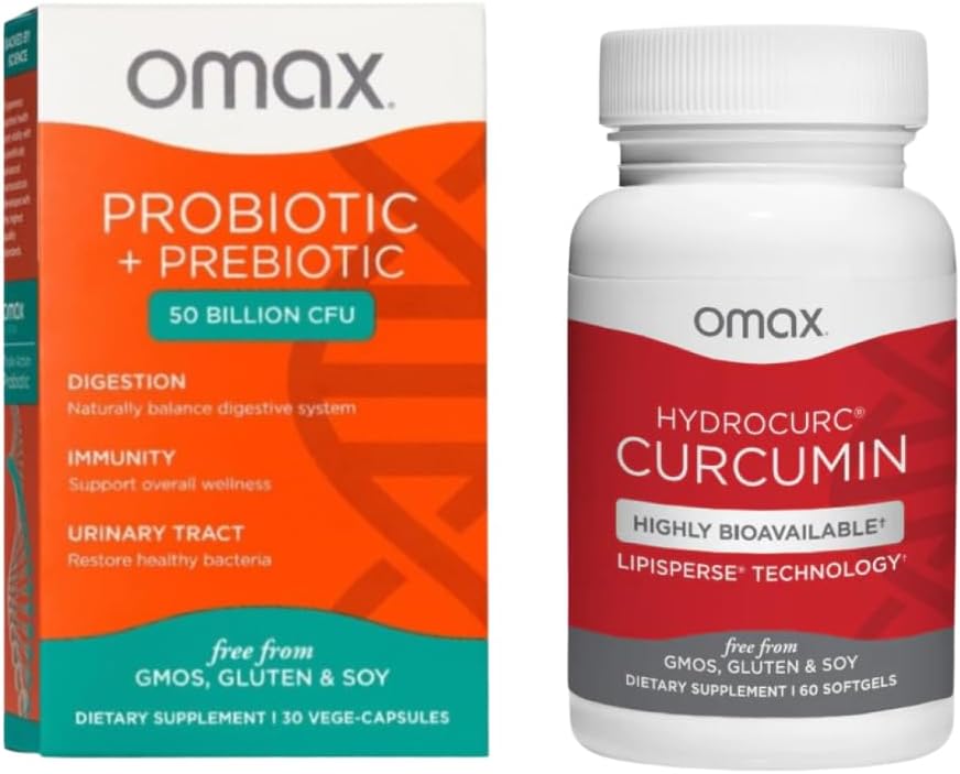 Digestive & Joint Relief Bundle with Prebiotic Probiotic & Turmeric Curcumin Softgels by Omax3 - Improve Gut Health & Reduce Inflammation