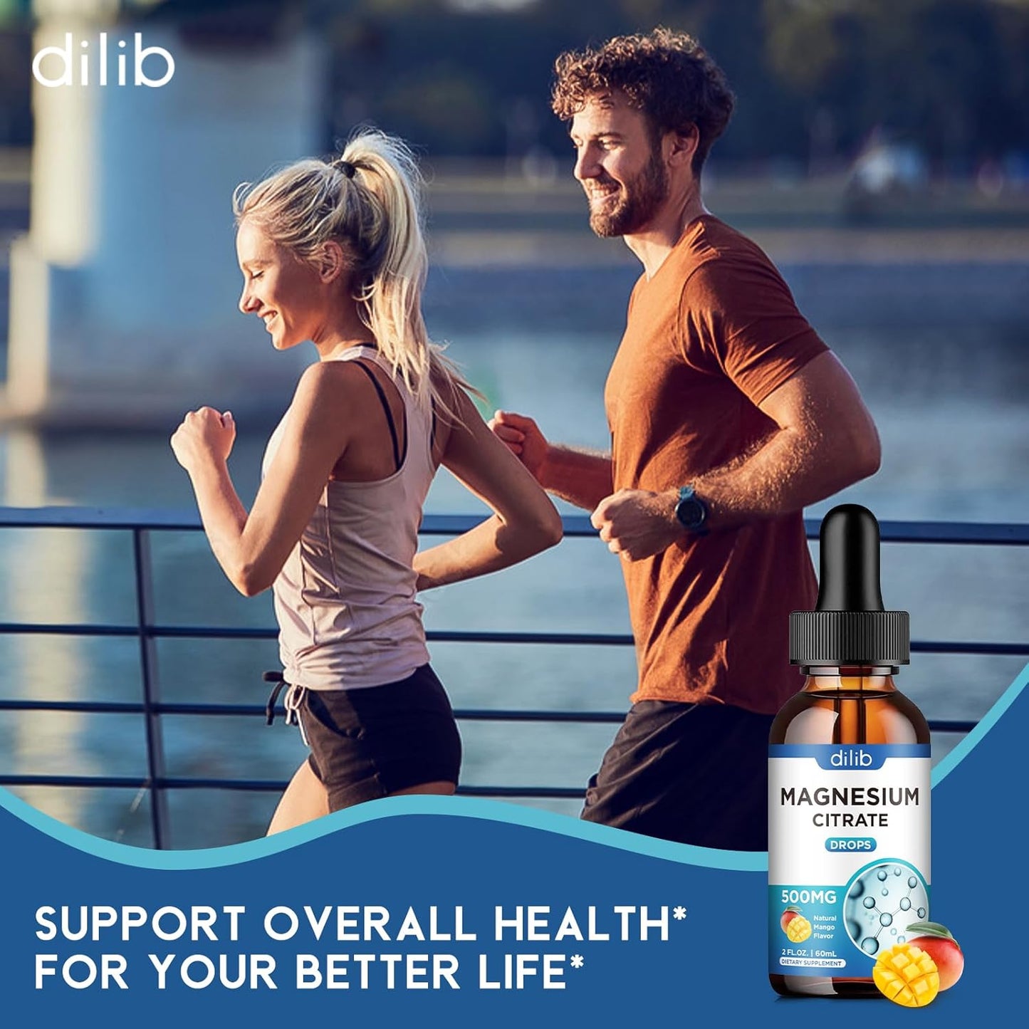 dilib Magnesium Citrate Liquid Drops 500mg, Mango Flavor - Vegan Supplement for Stress Relief, Bone, Muscle, Mood, Sleep - 2 Fl Oz