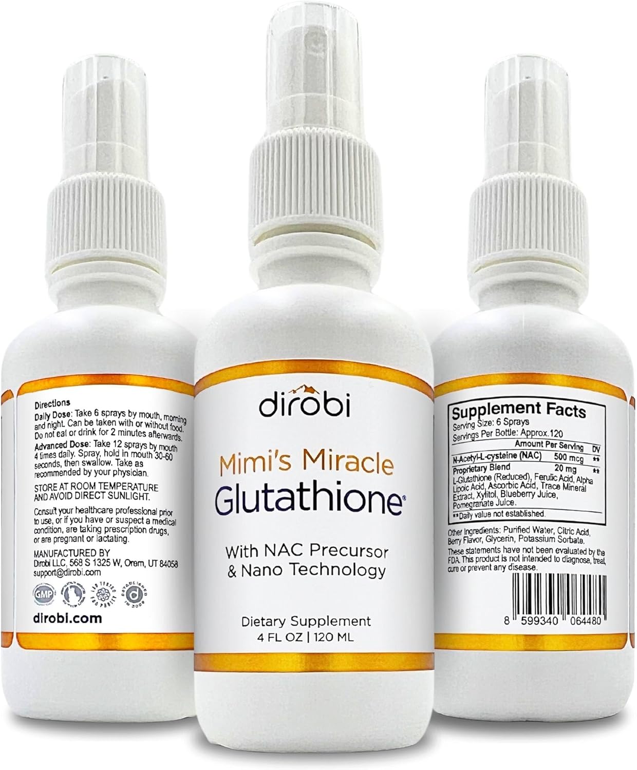 Dirobi Mimi's Miracle Glutathione Spray with Ascorbic Acid, Blueberry & Pomegranate Extracts - Sublingual Antioxidant Supplement for Adults & Kids - 2oz Spray Dosage