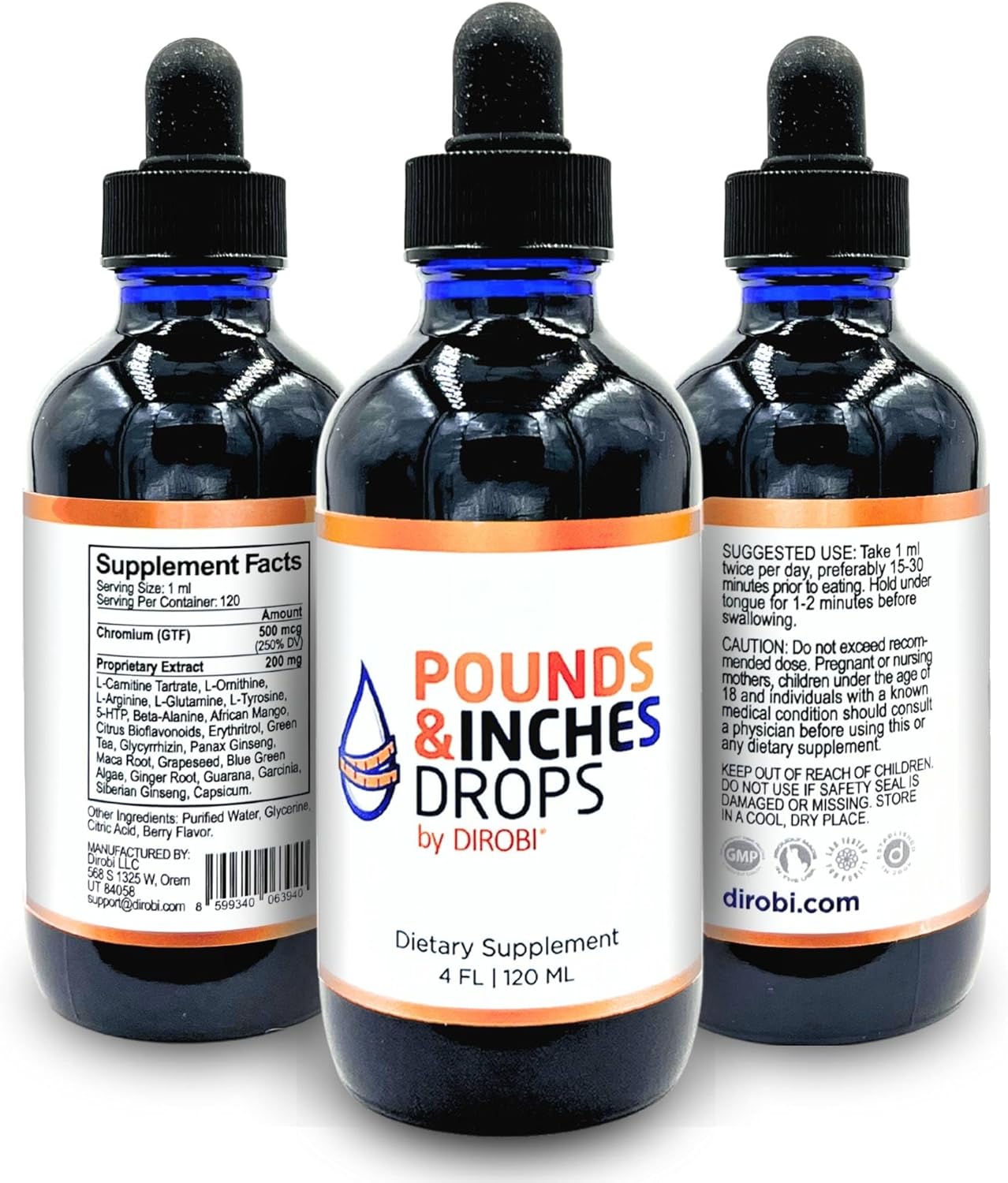 Dirobi Pounds and Inches Drops - Liquid Weight Management Supplement for Women and Men - Blueberry Flavor