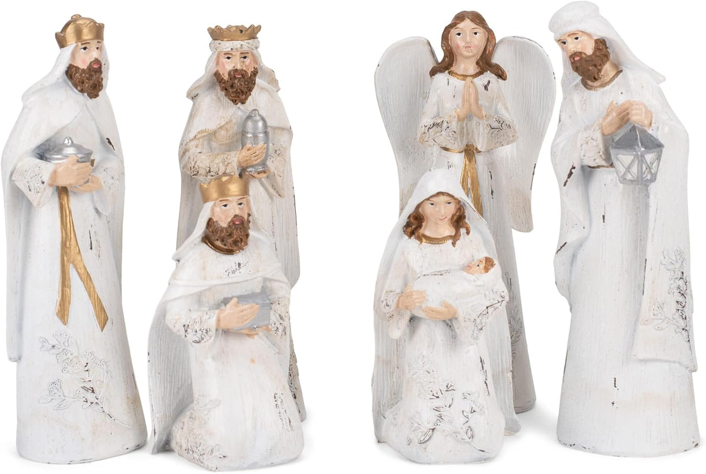 Distressed White and Gold Tone 7.5 Inch Resin Nativity Figurines Set of 6 by Transpac - Decorate Your Home for the Holidays