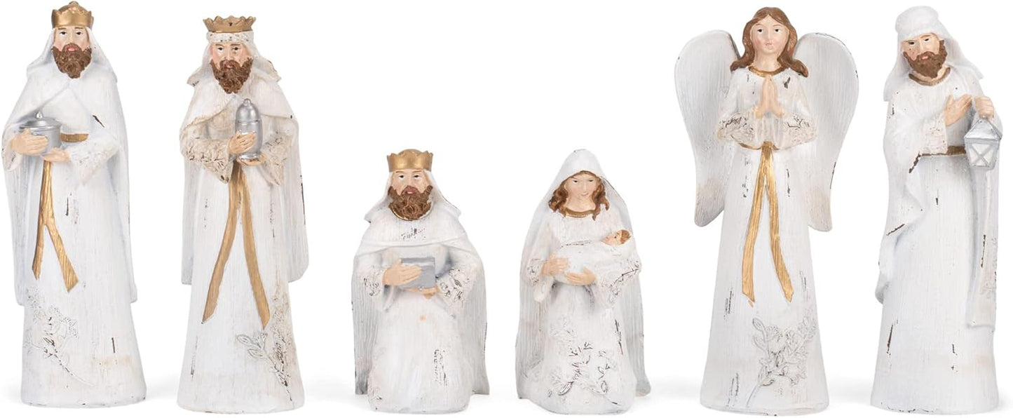 Distressed White and Gold Tone 7.5 Inch Resin Nativity Figurines Set of 6 by Transpac - Decorate Your Home for the Holidays