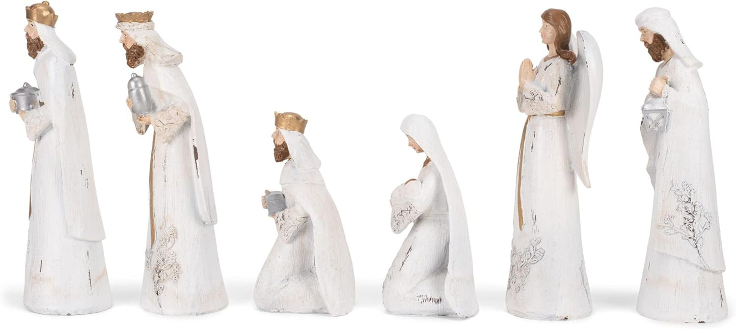 Distressed White and Gold Tone 7.5 Inch Resin Nativity Figurines Set of 6 by Transpac - Decorate Your Home for the Holidays