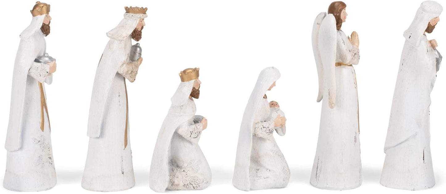 Distressed White and Gold Tone 7.5 Inch Resin Nativity Figurines Set of 6 by Transpac - Decorate Your Home for the Holidays