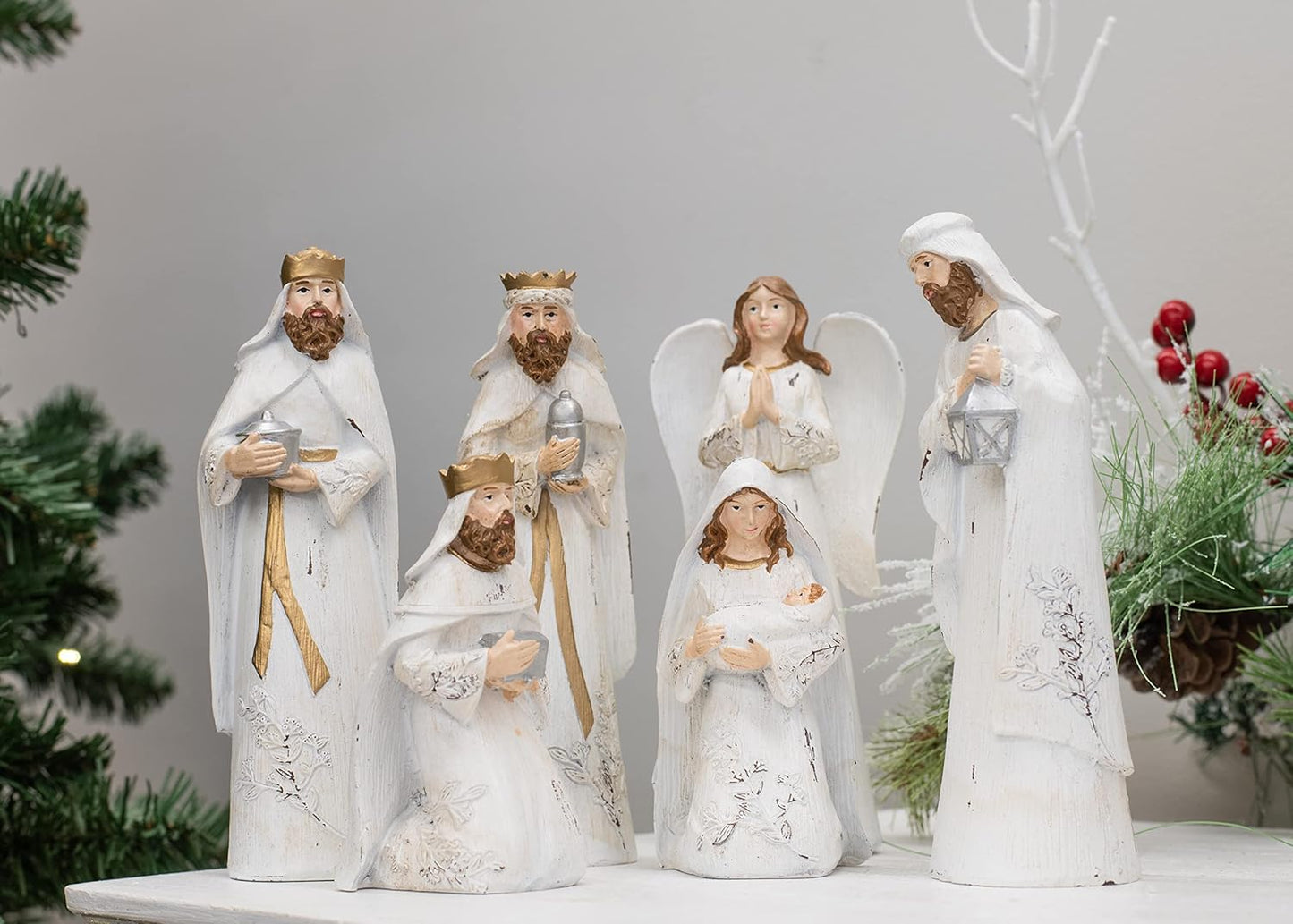 Distressed White and Gold Tone 7.5 Inch Resin Nativity Figurines Set of 6 by Transpac - Decorate Your Home for the Holidays