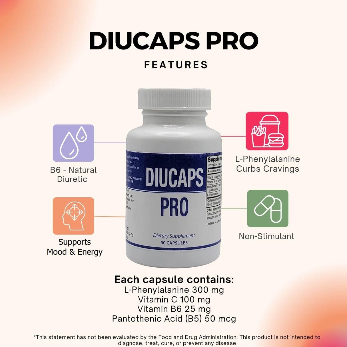 DIUCAPS PRO 90 Capsules - Vitamin and Amino Acid Blend with C, B5, B6, L Phenylalanine - Legere Pharmaceuticals
