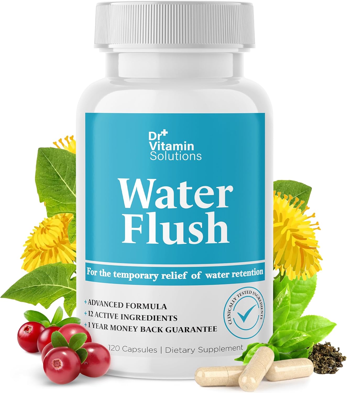 Diuretic Water Pills for Weight Control - Natural Relief from Bloating - Green Tea, Cranberry, Dandelion Extract - 120 Capsules
