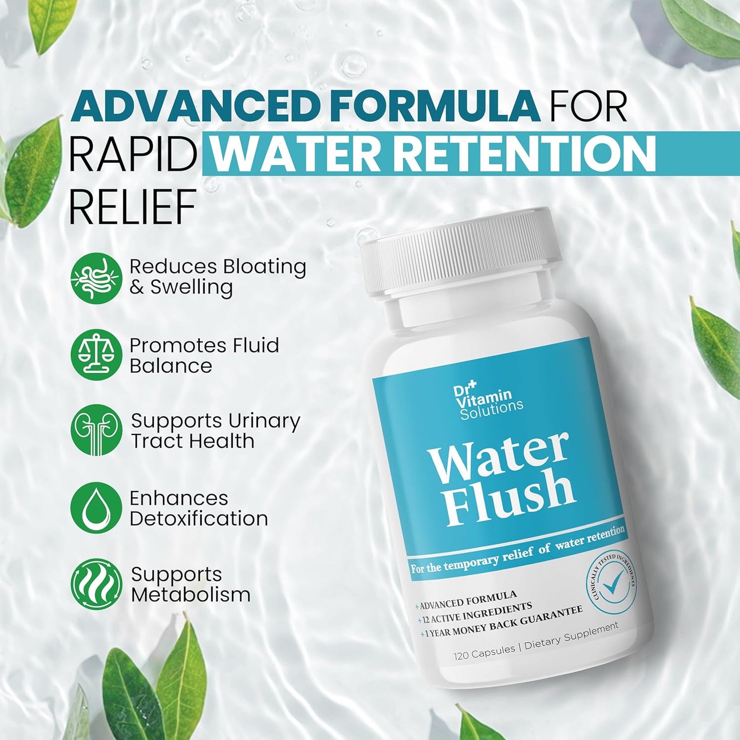 Diuretic Water Pills for Weight Control - Natural Relief from Bloating - Green Tea, Cranberry, Dandelion Extract - 120 Capsules