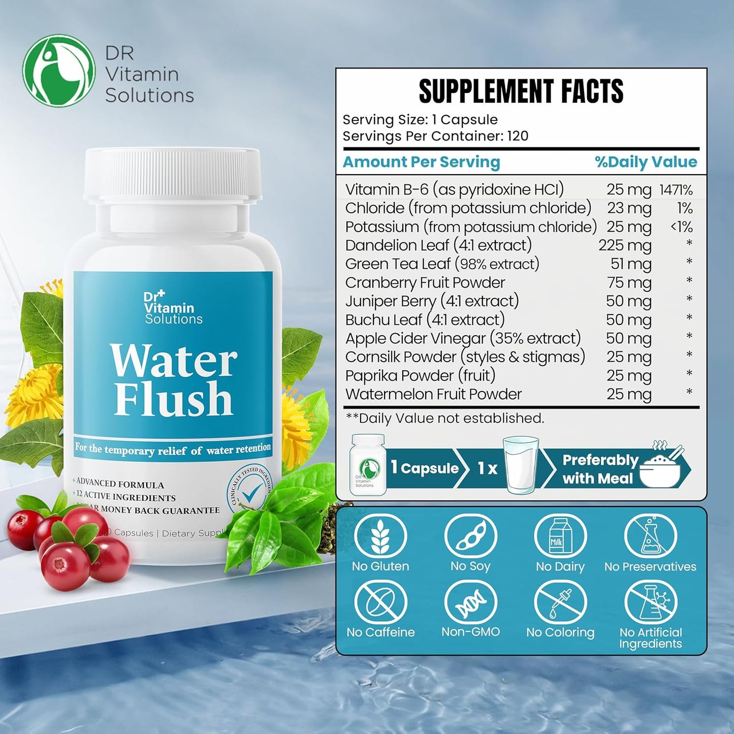 Diuretic Water Pills for Weight Control - Natural Relief from Bloating - Green Tea, Cranberry, Dandelion Extract - 120 Capsules