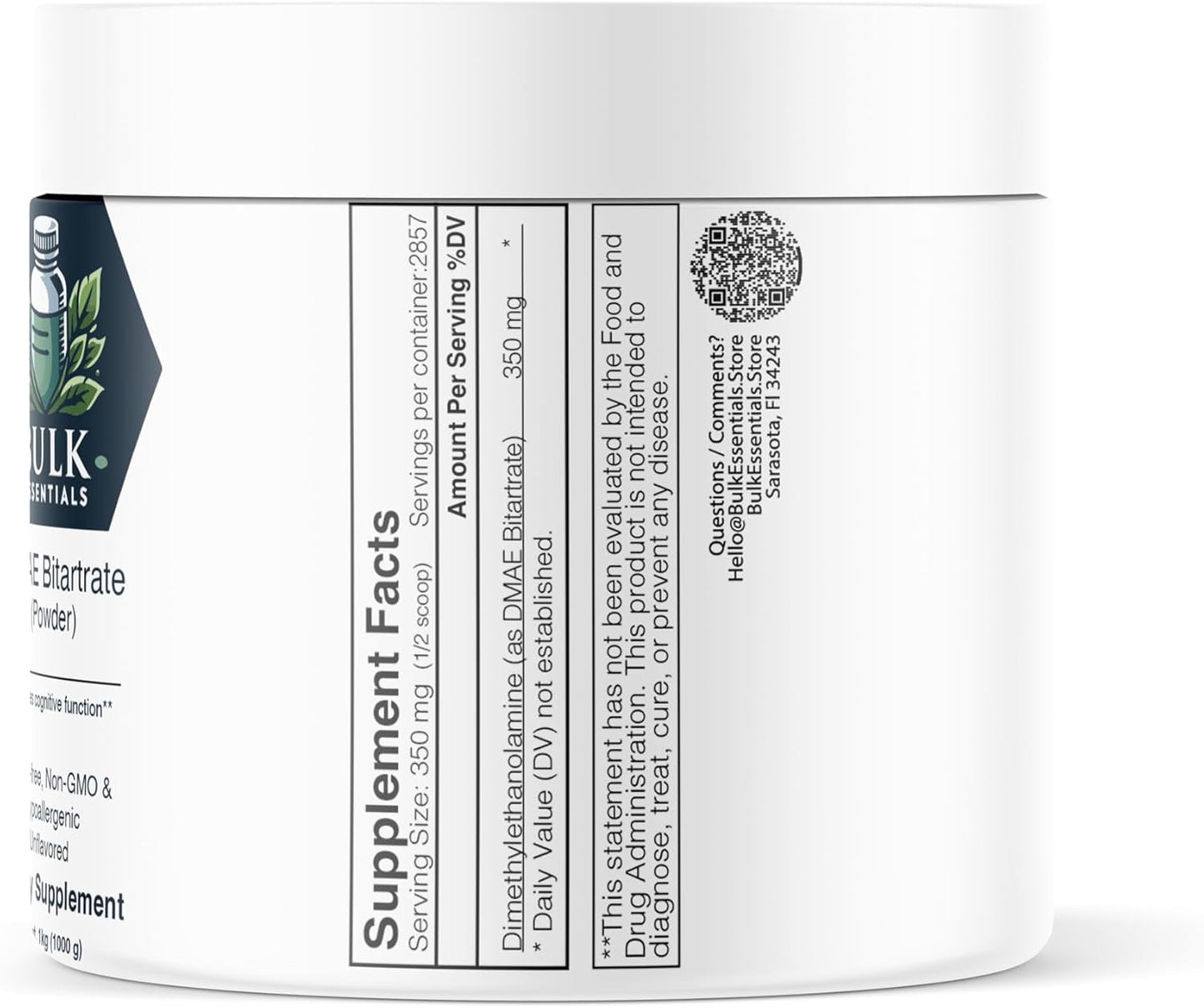 DMAE Bitartrate Powder - Bulk Supplement, 1000g, 350mg per Serving, Gluten Free