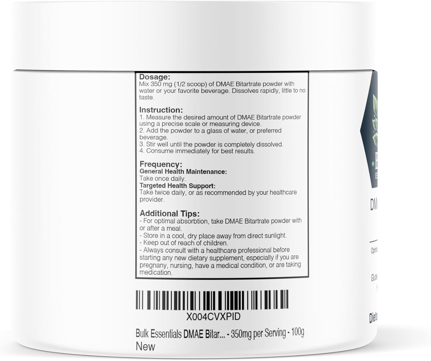 DMAE Bitartrate Powder - Premium Quality DMAE Supplement for Cognitive Function - Gluten-Free - 100g - 350mg per Serving