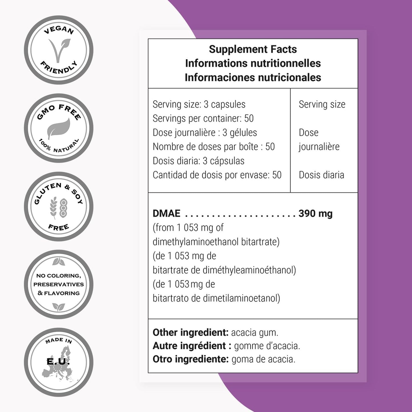 DMAE Bitartrate Supplement - 390mg Per Day - Choline Production - Non-GMO & Gluten Free - 150 Vegetarian Capsules
