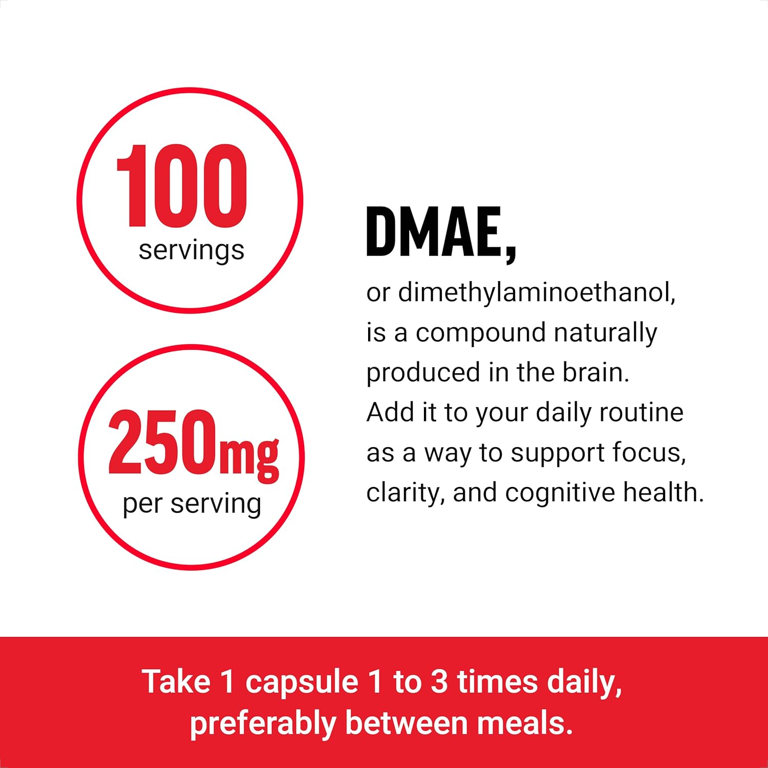 DMAE Brain Supplement for Concentration, Focus, & Cognitive Function - Neurotransmitter Support, Vegan, Non-GMO - 100 Capsules