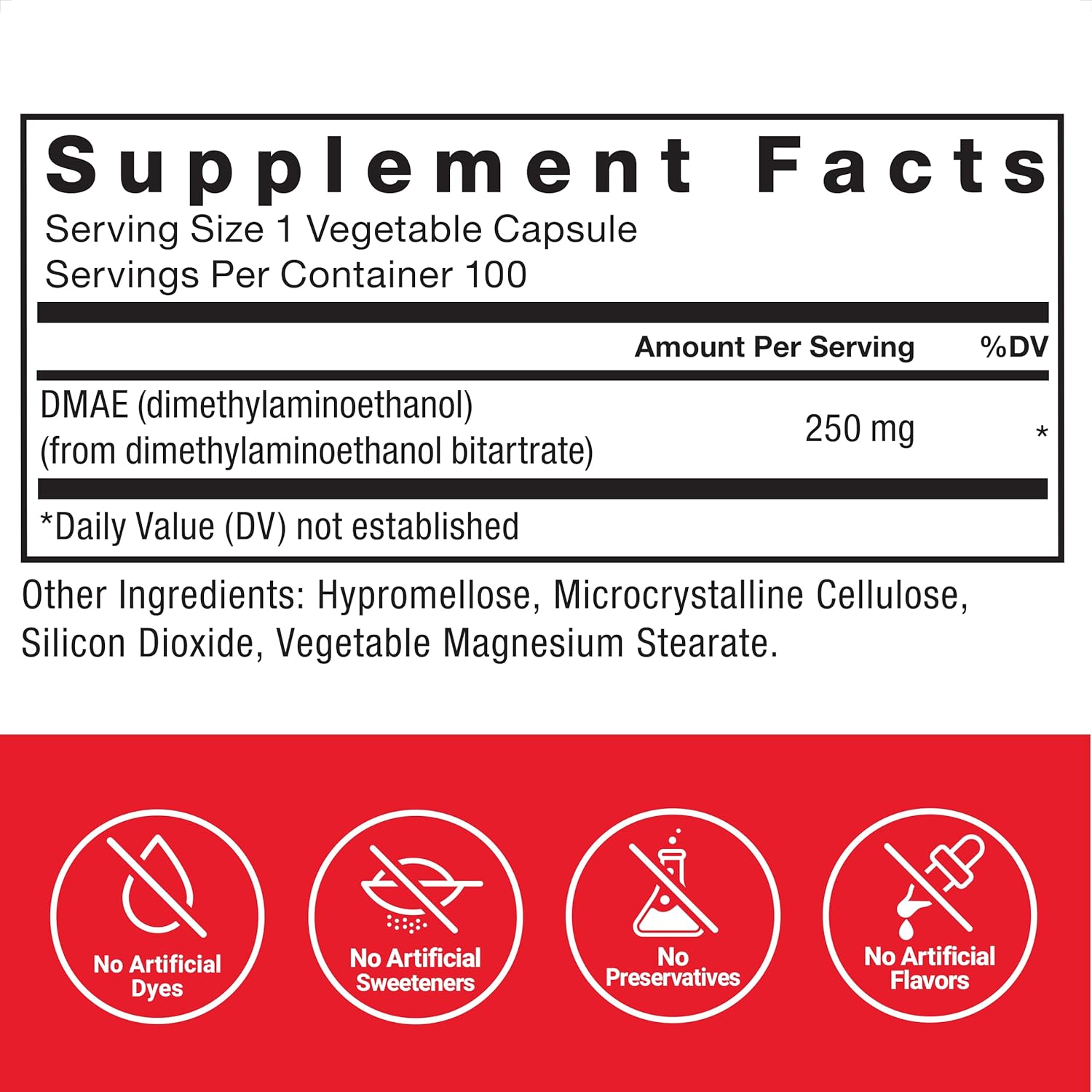 DMAE Brain Supplement for Concentration, Focus, & Cognitive Function - Neurotransmitter Support, Vegan, Non-GMO - 100 Capsules