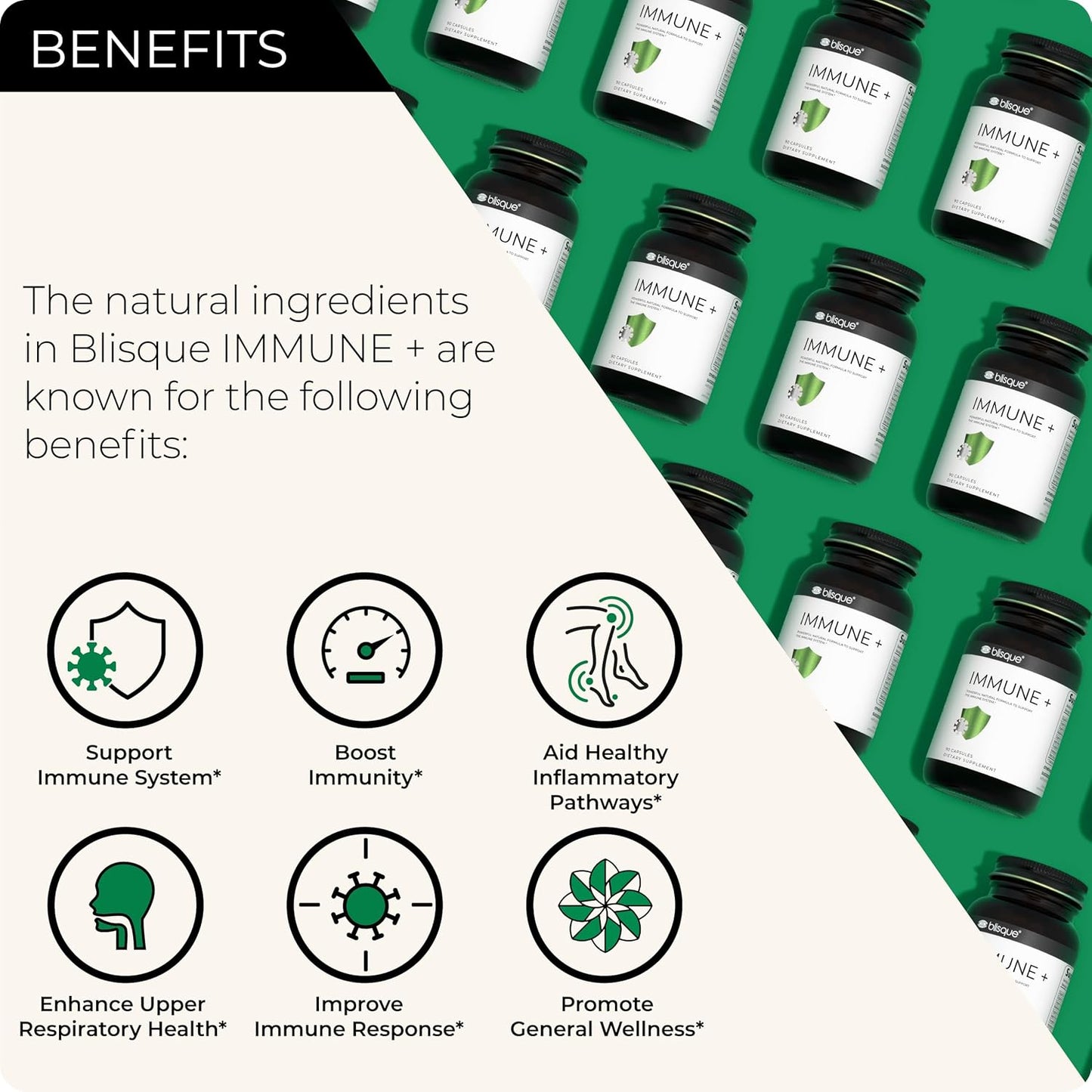Doctor-Approved Blisque Immune Support Supplement with Astragalus, Echinacea, Garlic - Vegan & Non-GMO - 90 Capsules for Immune Defense Boost
