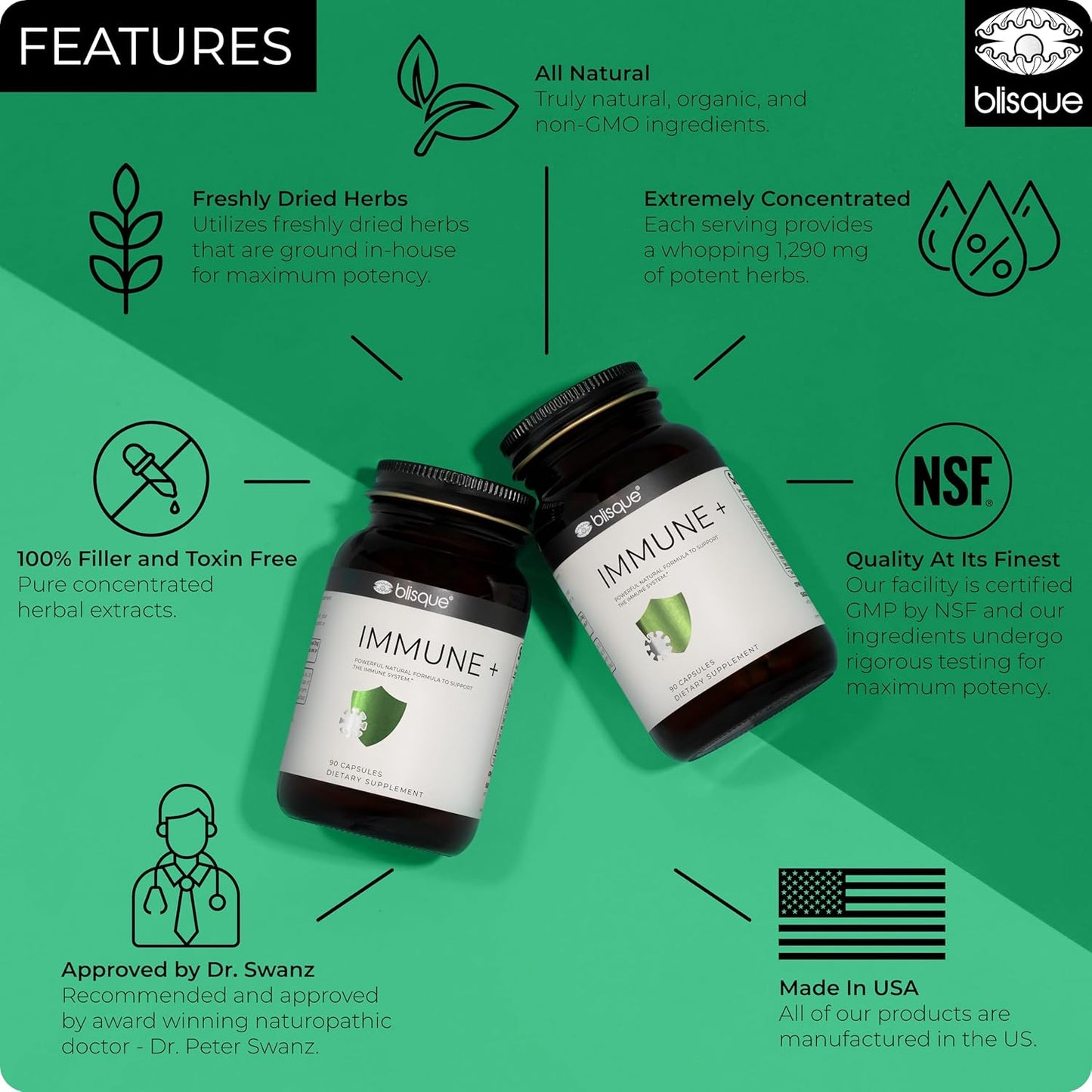 Doctor-Approved Blisque Immune Support Supplement with Astragalus, Echinacea, Garlic - Vegan & Non-GMO - 90 Capsules for Immune Defense Boost