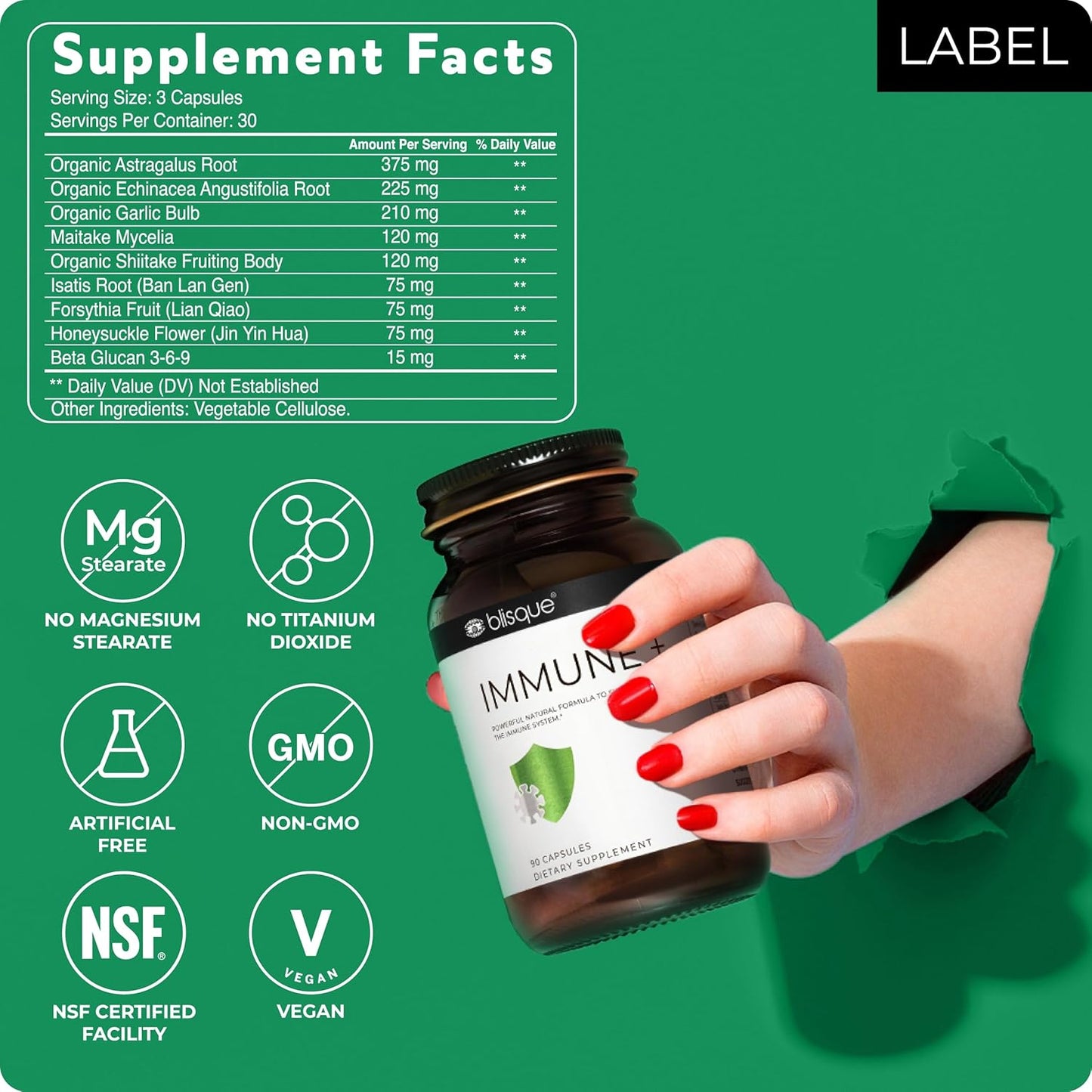 Doctor-Approved Blisque Immune Support Supplement with Astragalus, Echinacea, Garlic - Vegan & Non-GMO - 90 Capsules for Immune Defense Boost