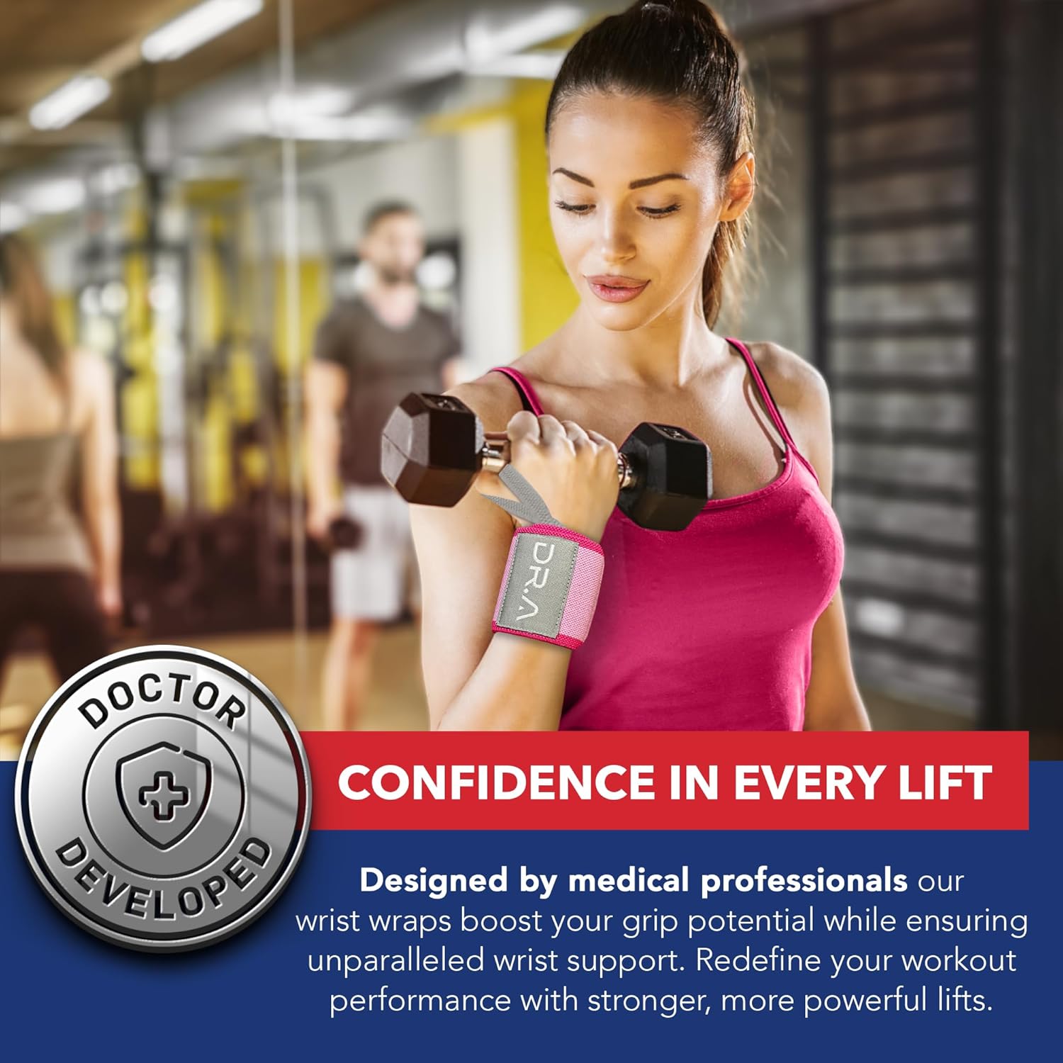 Doctor-Developed Gym Brace with Lifting Wrist Wraps and Compression Support for Weightlifting - Pink Wrist Wraps for Men and Women