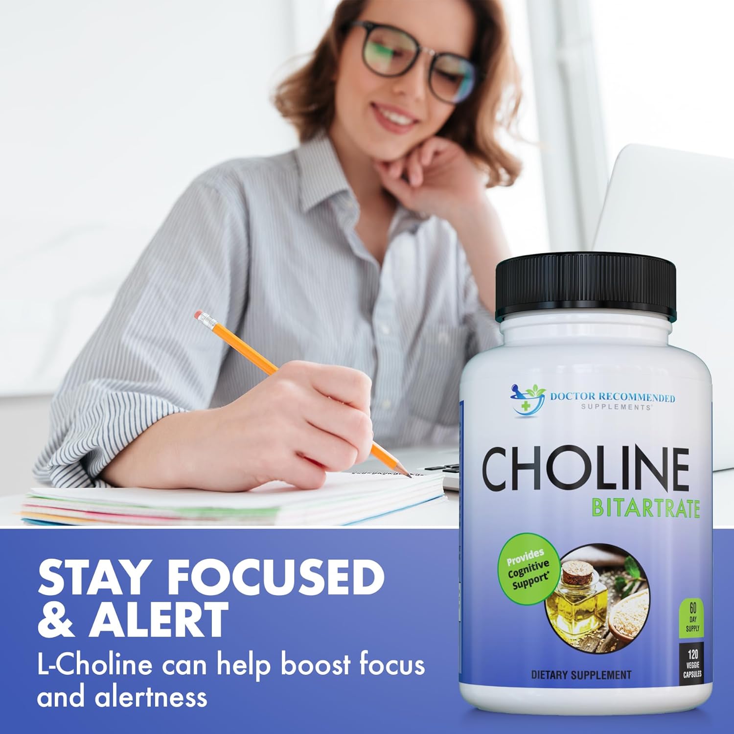 Doctor Recommended Premium Choline Supplement - 500mg - 120 Veggie Capsules - Cognitive Health and Memory Support