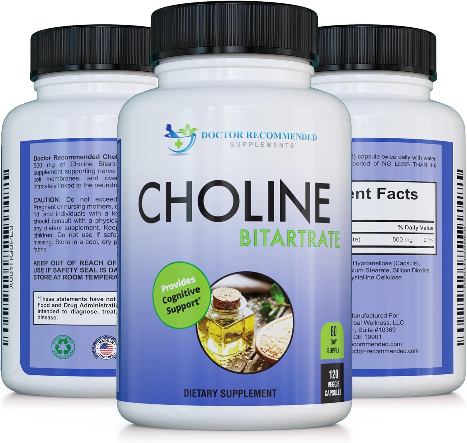 Doctor Recommended Premium Choline Supplement - 500mg - 120 Veggie Capsules - Cognitive Health and Memory Support