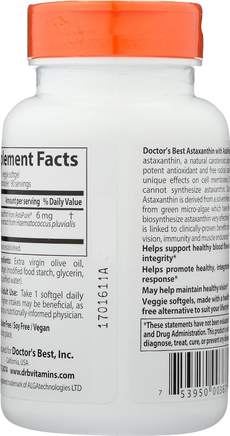 Doctors Best Astaxanthin with AstaPure 6 MG - Non-GMO Vegan Softgels - 90 Count