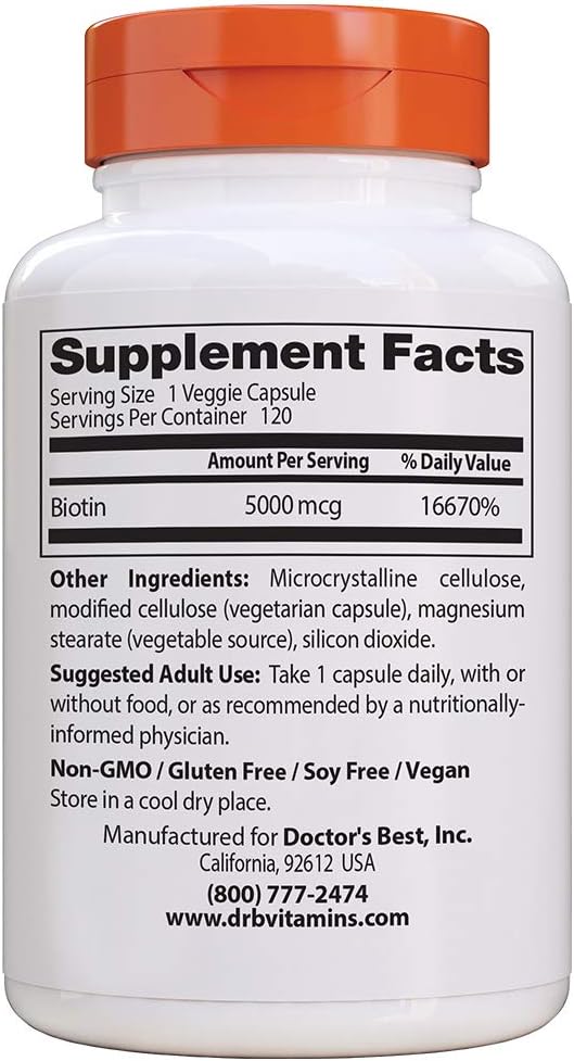 Doctor's Best Biotin Supplement for Hair, Skin, Nails, Energy - 120 Capsules, Non-GMO, Vegan, Gluten-Free