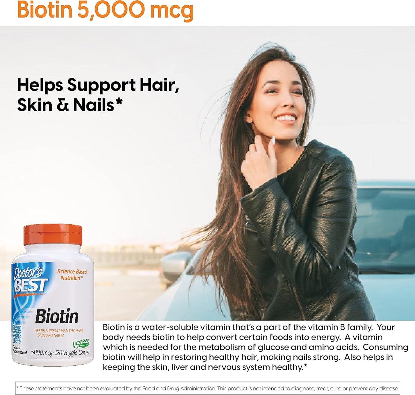 Doctor's Best Biotin Supplement for Hair, Skin, Nails, Energy - 120 Capsules, Non-GMO, Vegan, Gluten-Free