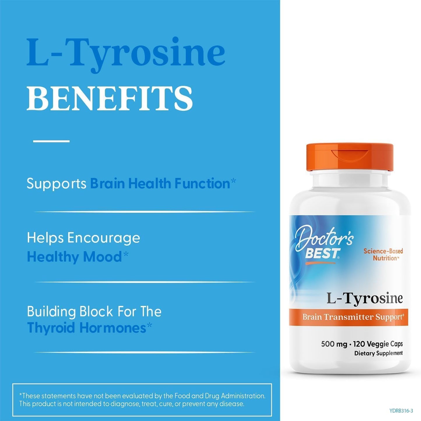 Doctor's BEST L-Tyrosine 500mg Capsules for Brain Transmitter Support - Non-GMO & Gluten Free - 120 Count - BoostGo Australia