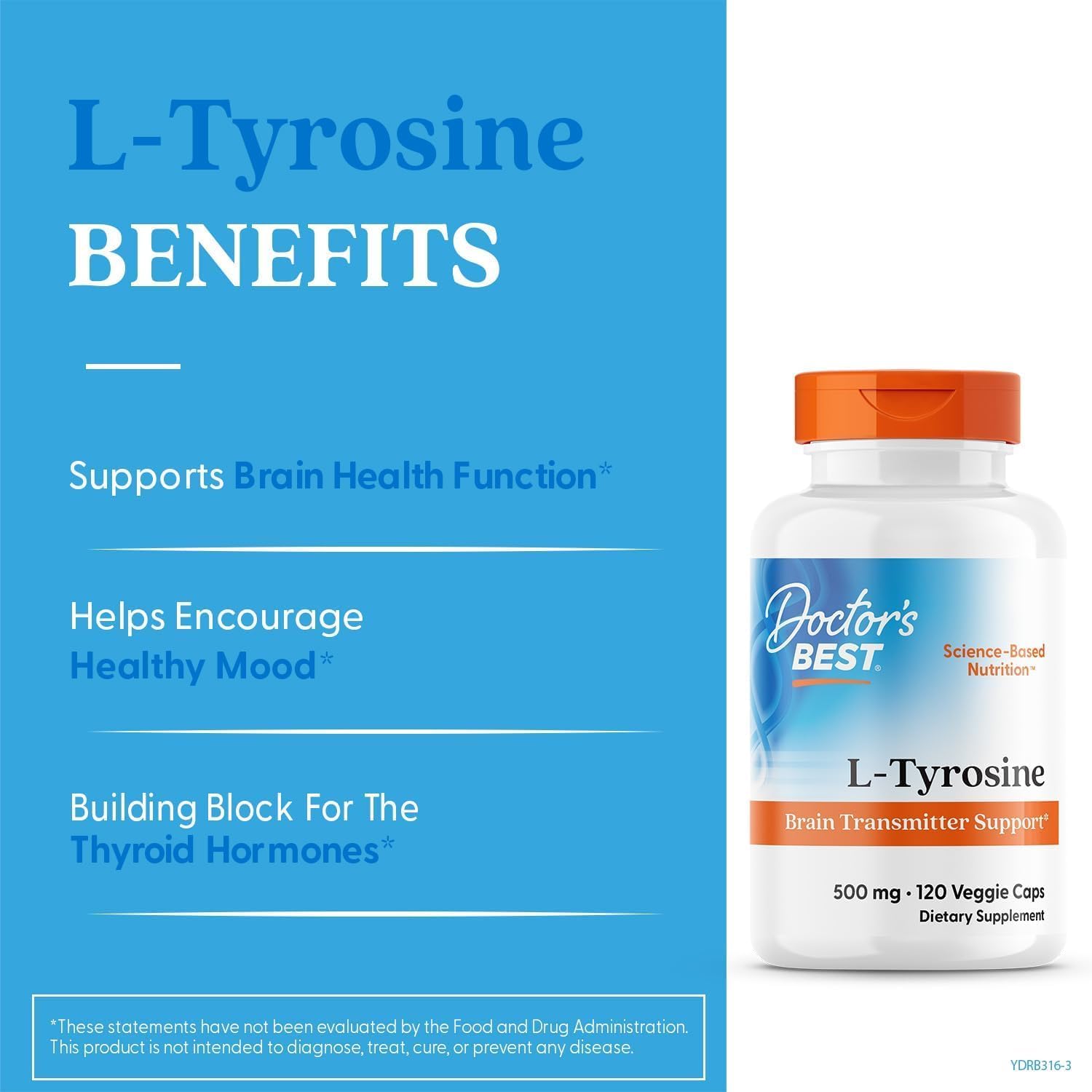 Doctor's BEST L-Tyrosine 500mg Capsules for Brain Transmitter Support - Non-GMO & Gluten Free - 120 Count - BoostGo Australia