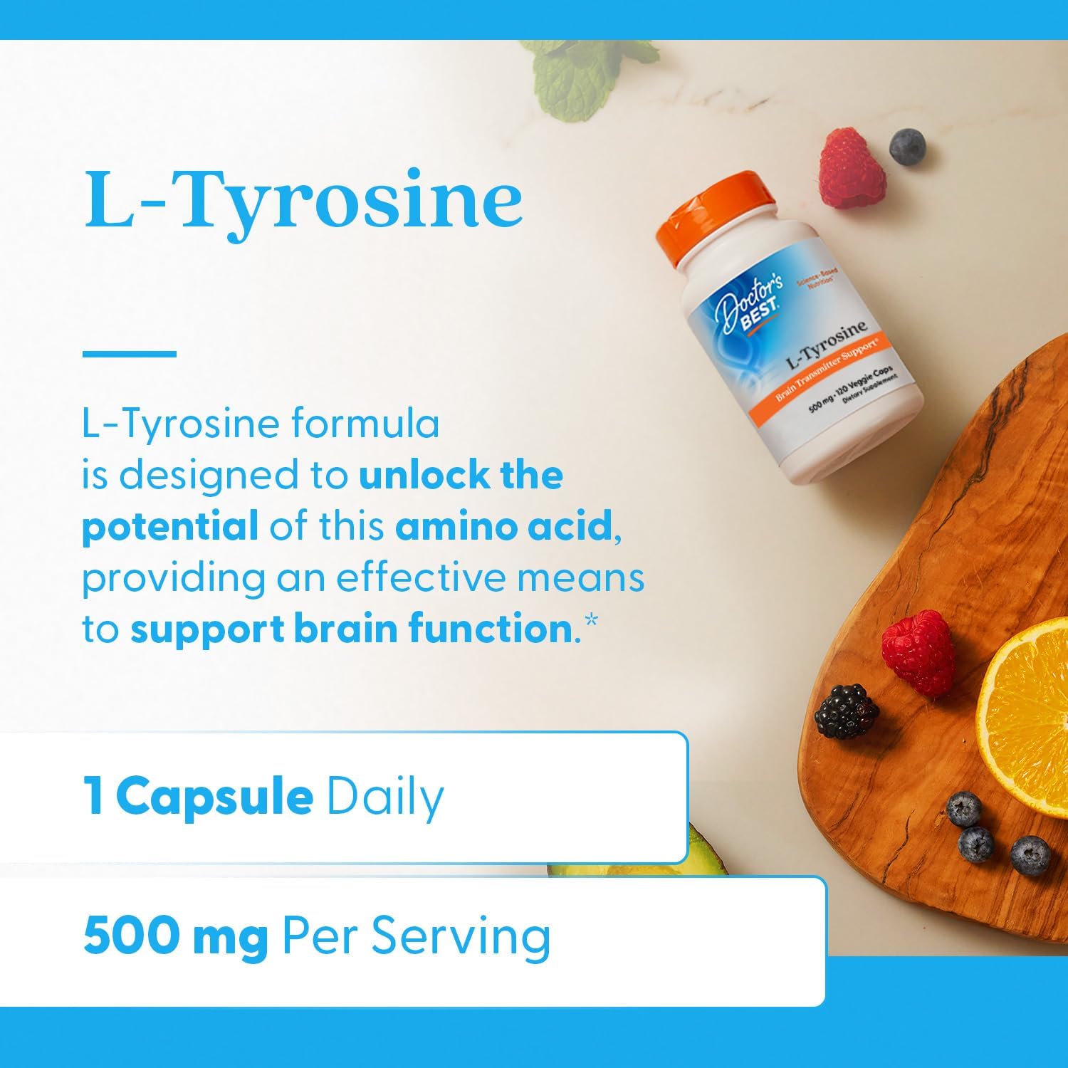Doctor's BEST L-Tyrosine 500mg Capsules for Brain Transmitter Support - Non-GMO & Gluten Free - 120 Count - BoostGo Australia