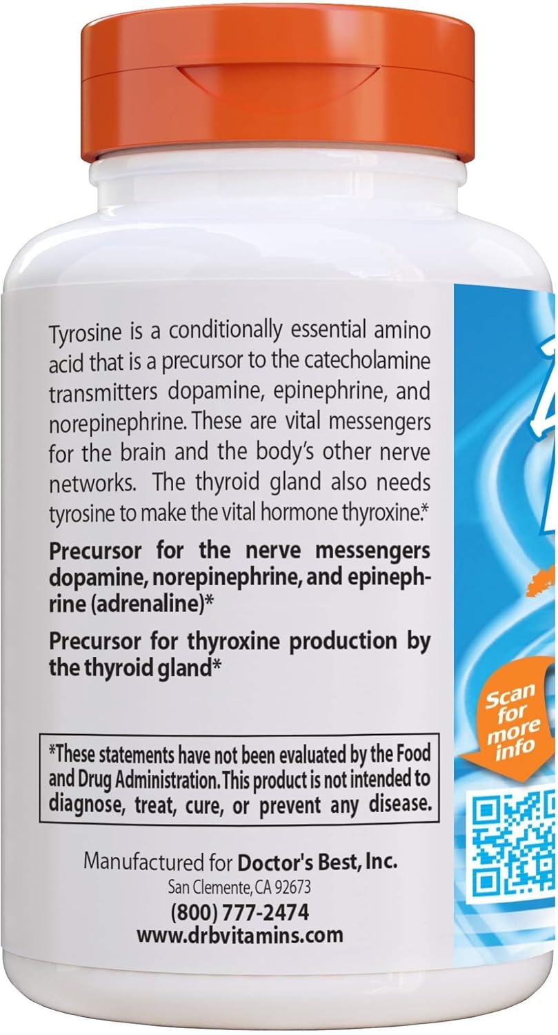 Doctor's BEST L-Tyrosine 500mg Capsules for Brain Transmitter Support - Non-GMO & Gluten Free - 120 Count - BoostGo Australia