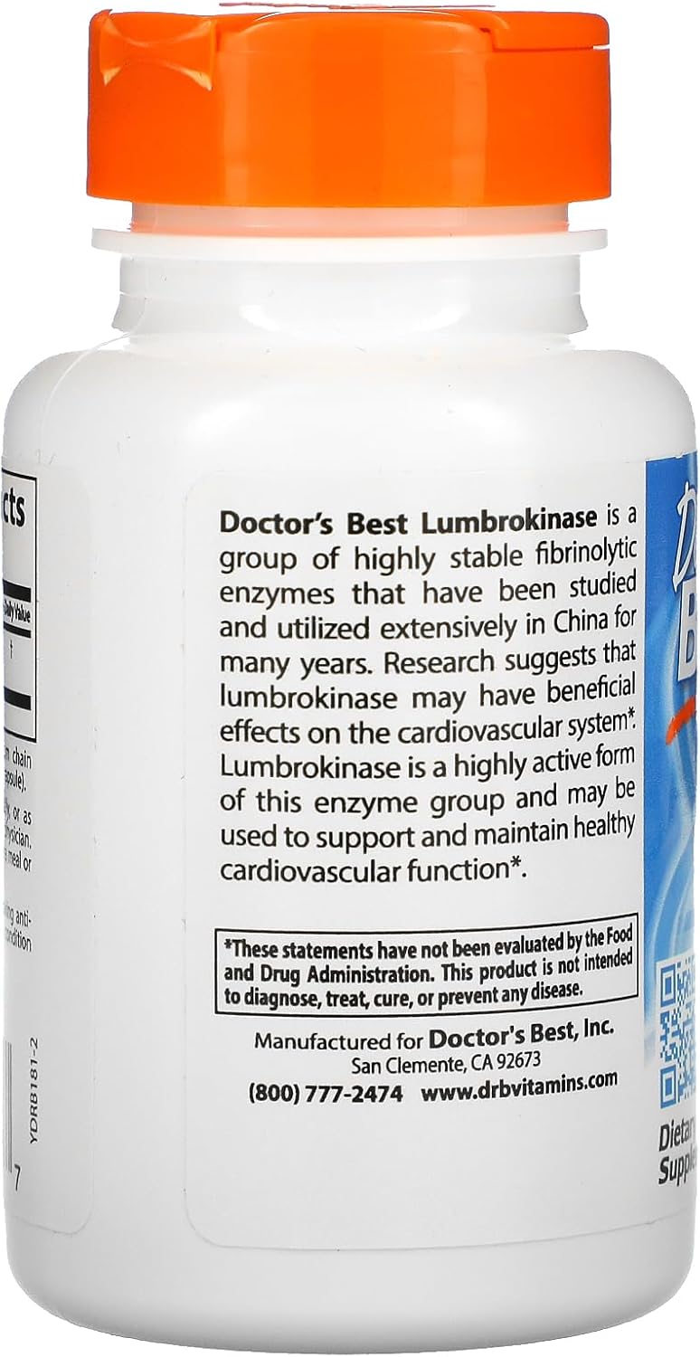 Doctor's Best Lumbrokinase Supplement for Heart Function Support - 60 Veggie Capsules (720,000 Units Per Serving)